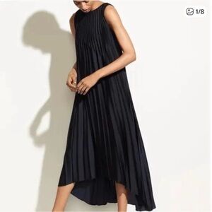 VINCE.  Pleated Dress high low asymmetric Black Sleeveless Silky Sz Small swing